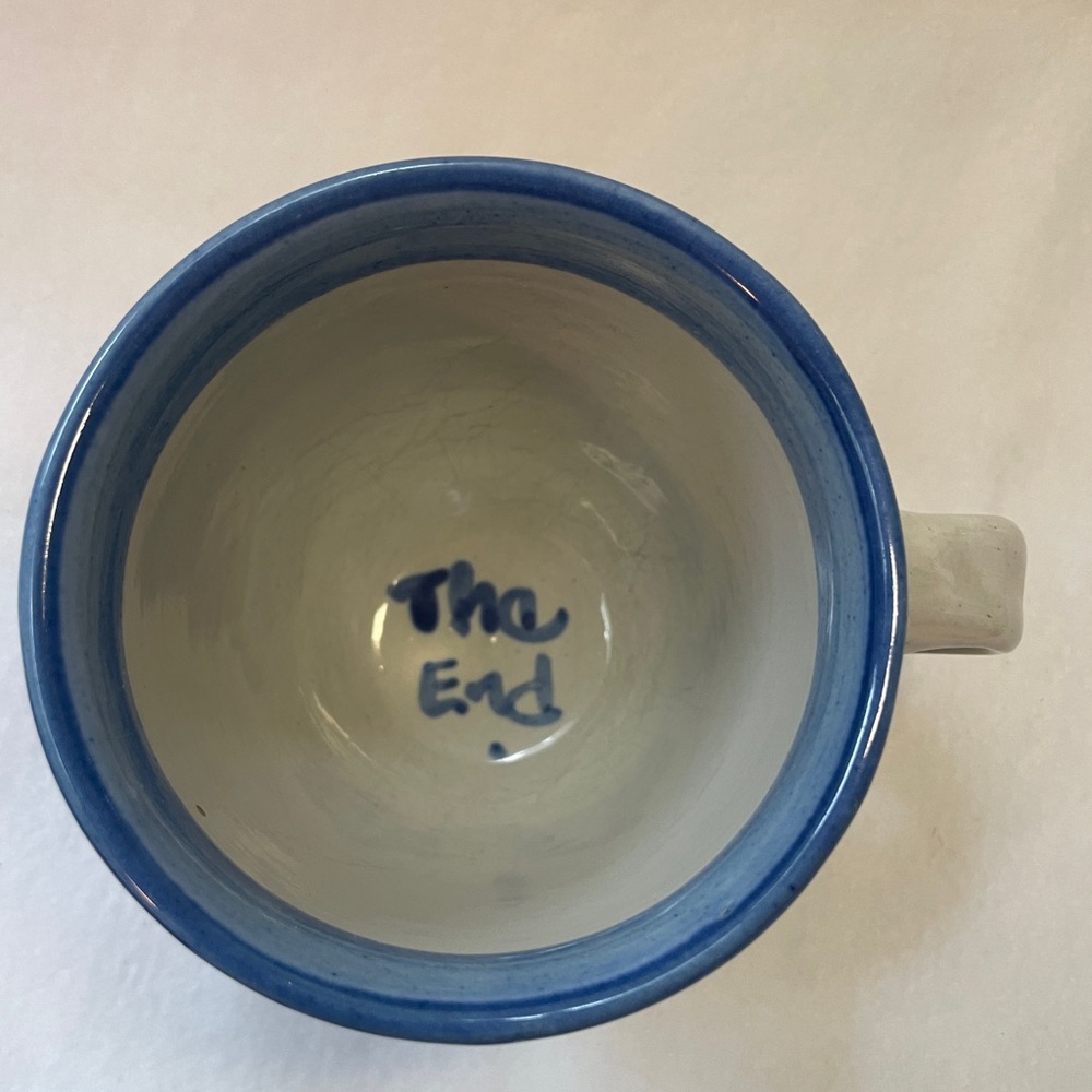 MA Hadley Pottery Farmer Coffee Tea Cup Mug Hand-painted Blue and White The End - Picture 3 of 4